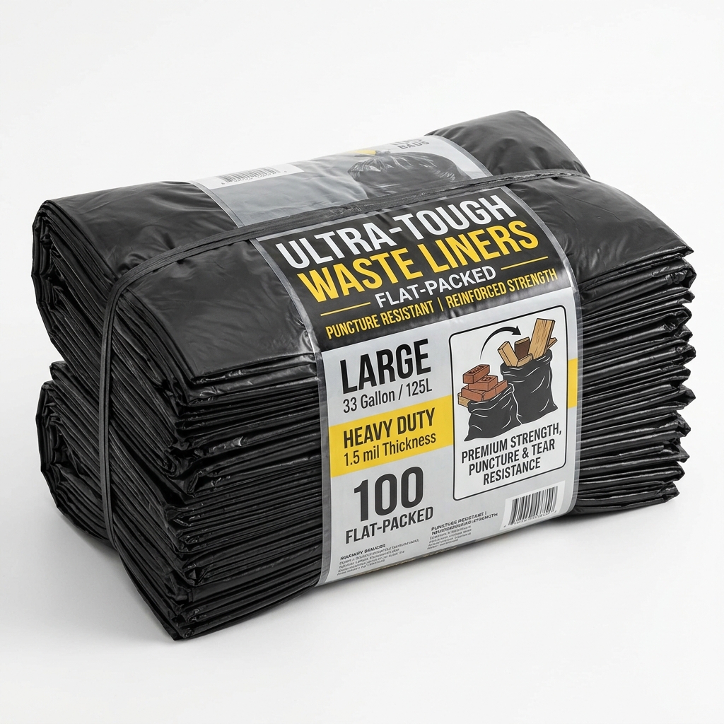 Roll of thick black heavy-duty industrial garbage bags