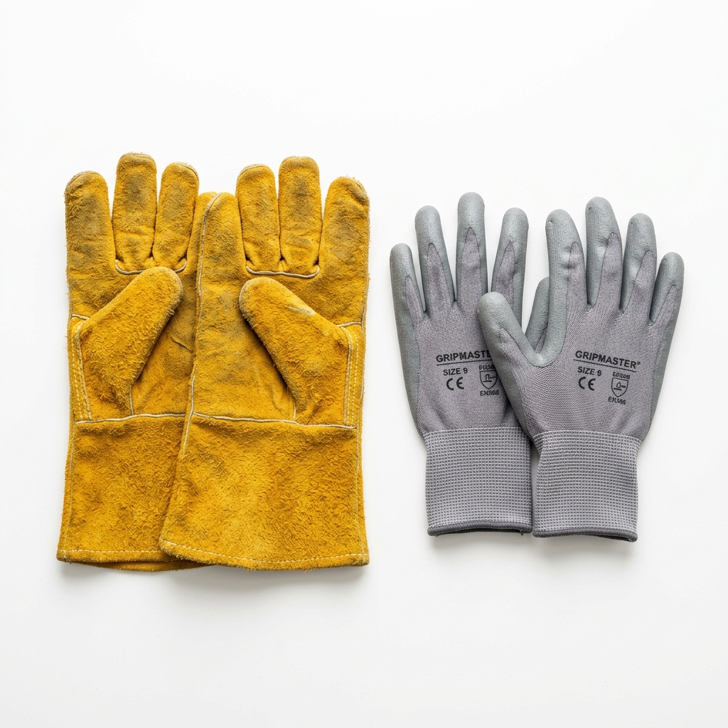 Industrial Work Gloves - Al Farhan Hardware Trading Pair of yellow leather and grey nitrile coated industrial safety gloves
