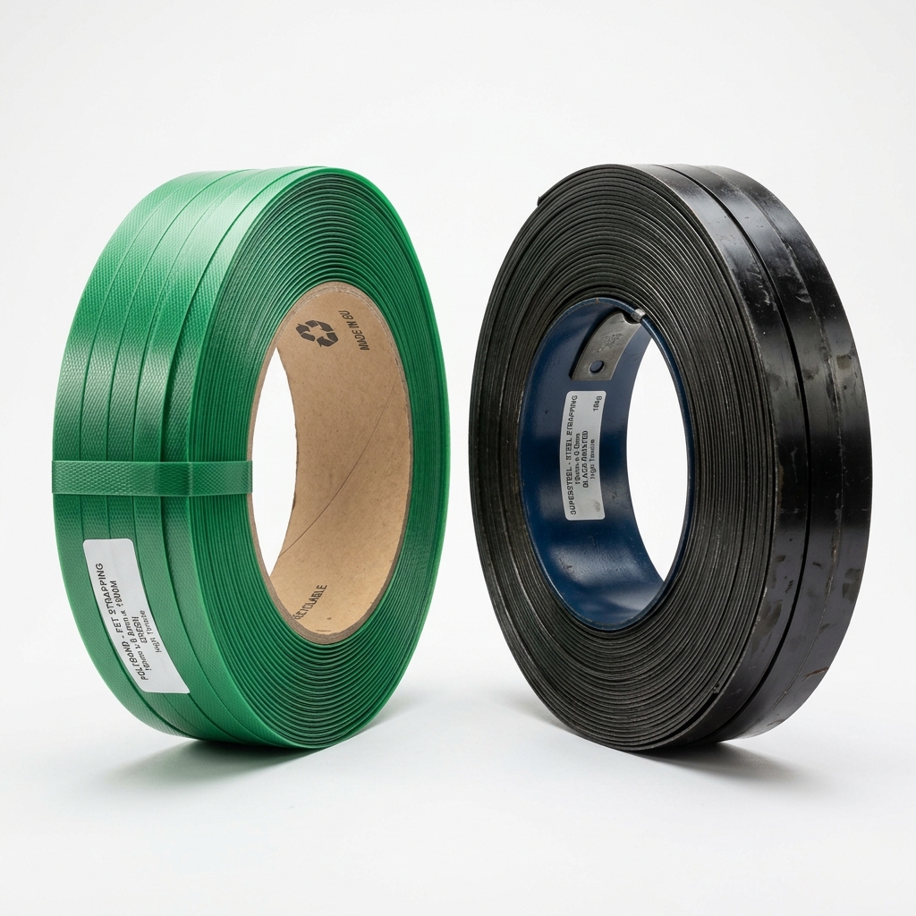 PET & Steel Strapping Solutions - Al Farhan Hardware Rolls of green PET strapping and steel strapping bands