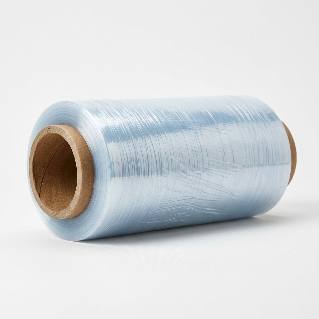 Roll of clear plastic stretch wrap film on paper core