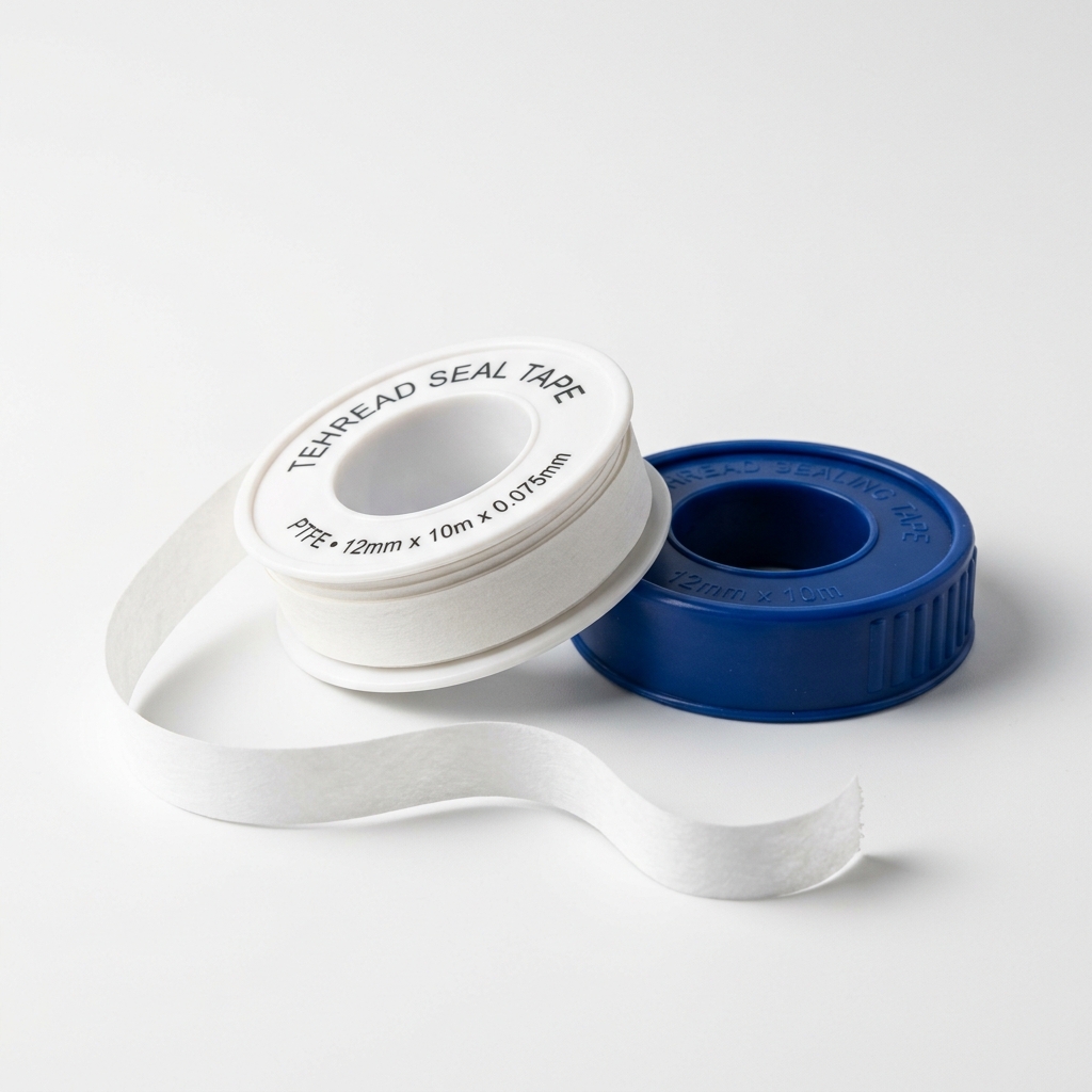 White Teflon thread sealing tape roll in a blue plastic casing